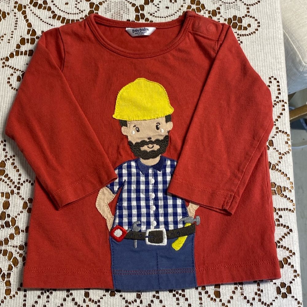 Baby Boden Construction Worker Applique Shirt 6–12M Red Long Sleeve